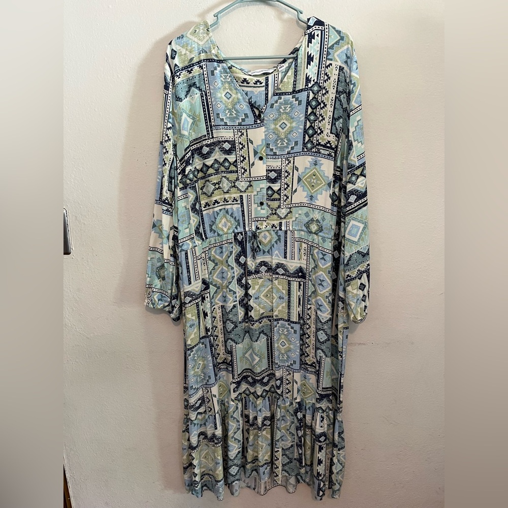 Canyon Retreat Blue Boho Patchwork Southwest Tie Waist Maxi Dress Size 2XL